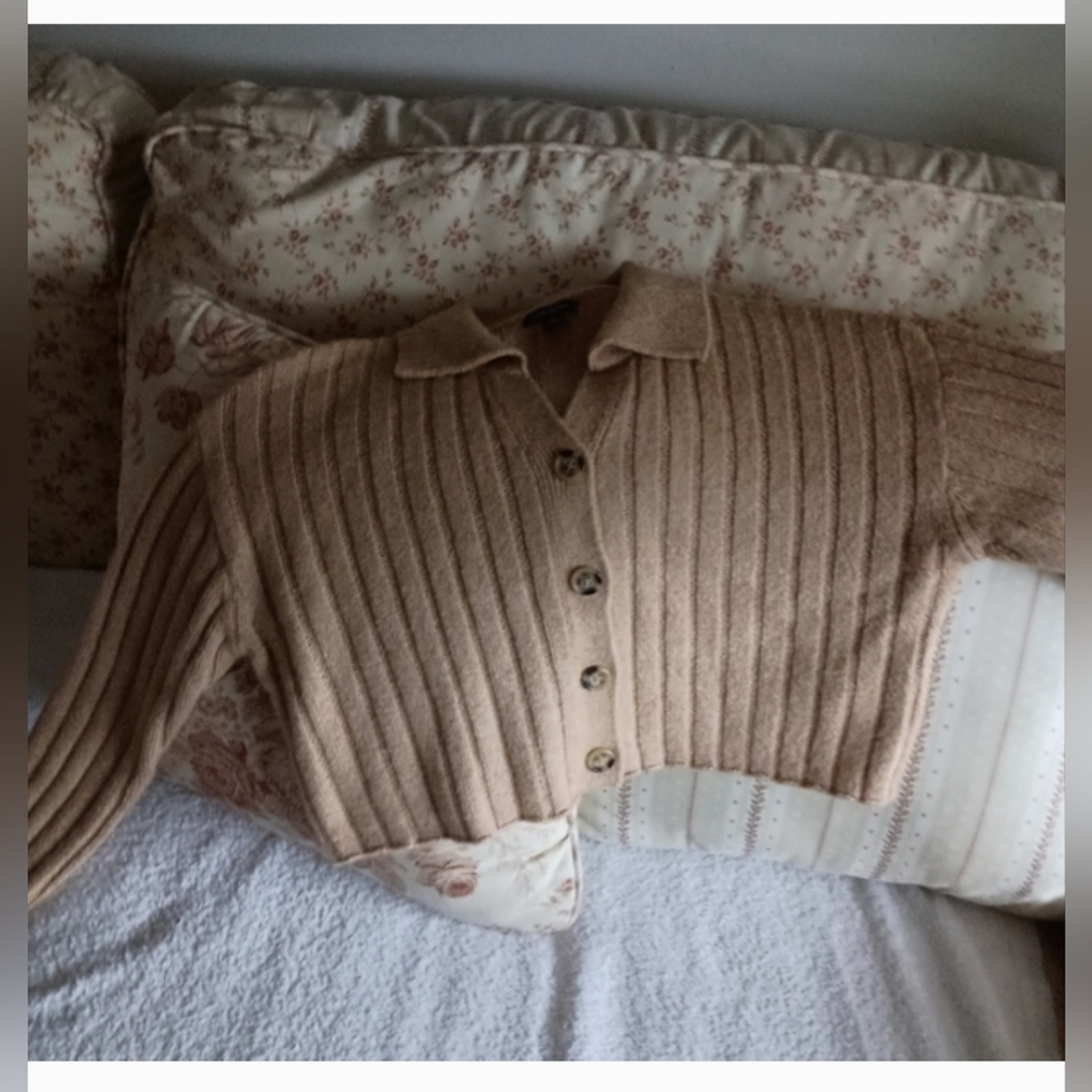 Women's Ribbed Button-Up Sweater - Tan - Picture 2 of 2